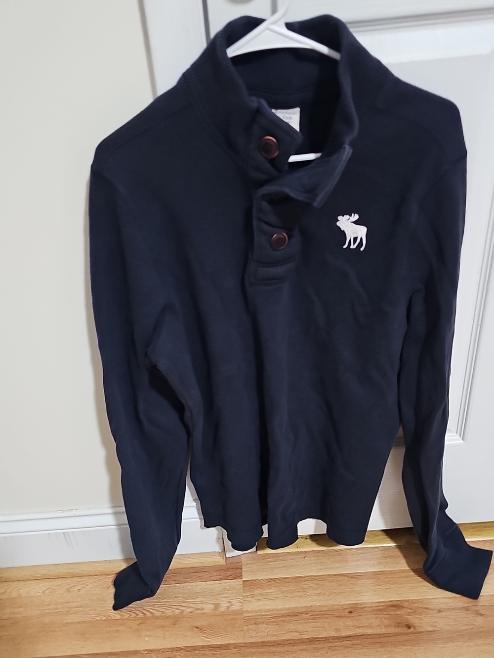 Abercrombie & Fitch Navy Zip-Style Button-Neck Sweater with White Moose Logo